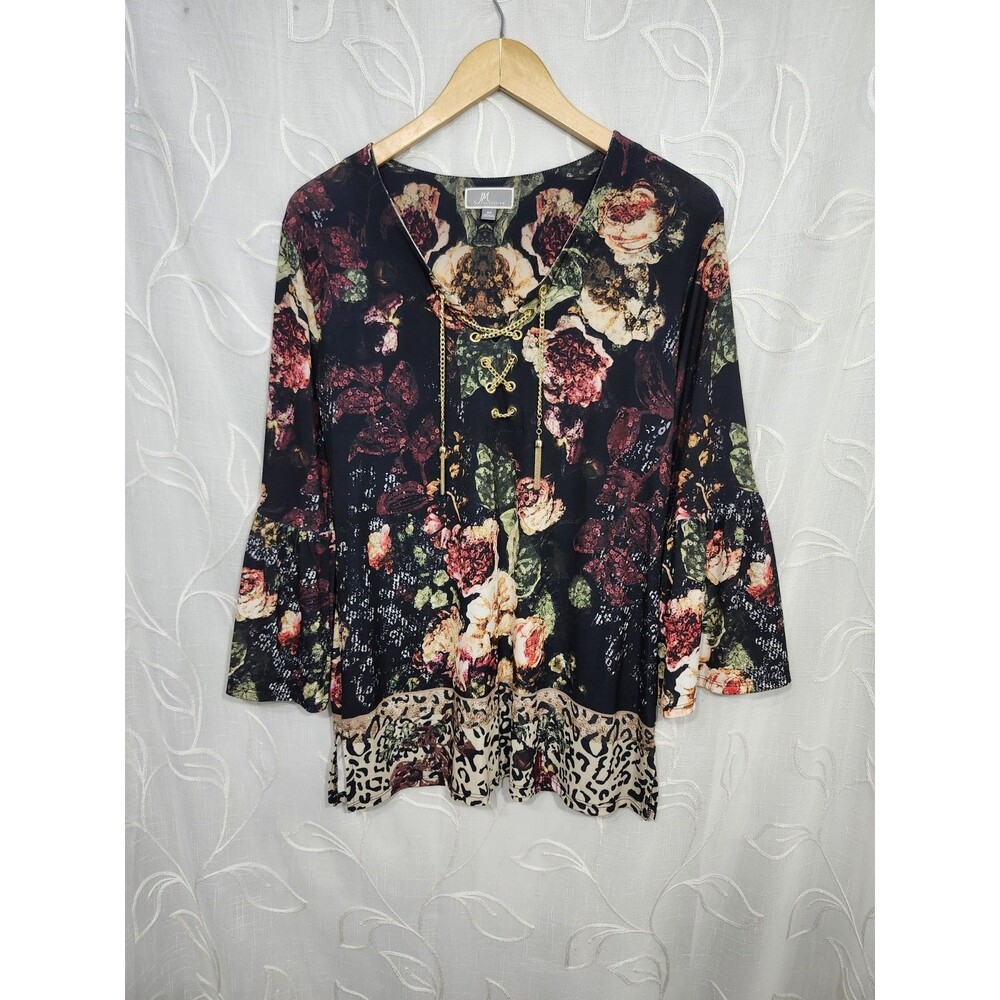JM Collection Medium Floral Black Gold Chain Accent Blouse Flare Sleeve